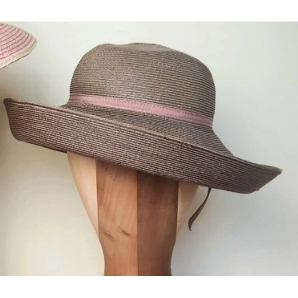Vintage Eric Javits Squishee‎ Packable Straw Hat Brown Pink Bow - Picture 2 of 7